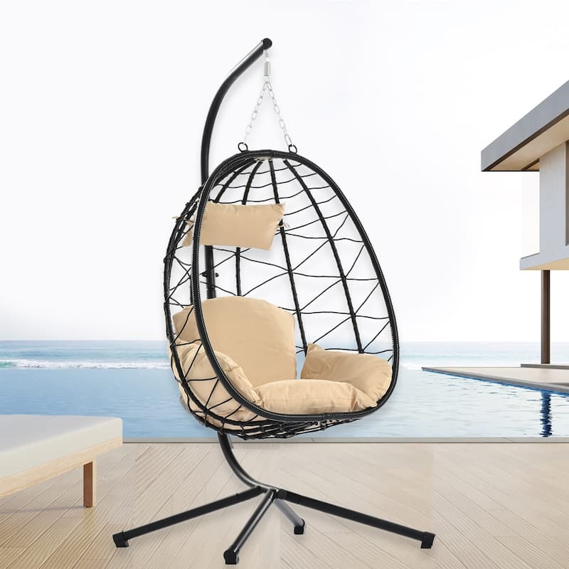 Swing Egg Chair Hammock Chair Indoor Outdoor Patio Cushion Steel Stand - 77"H - Beige