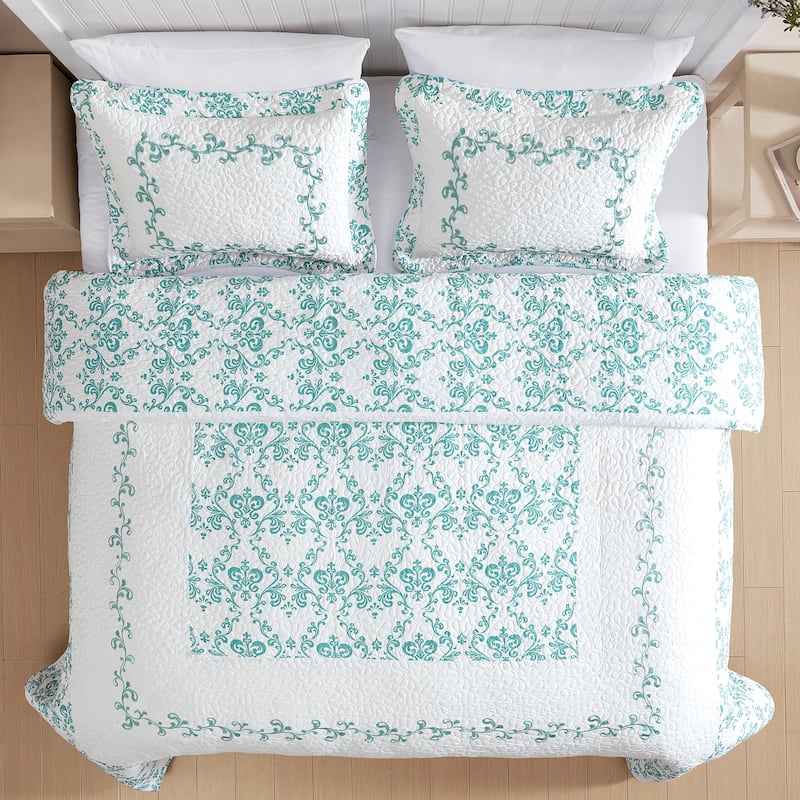 Lovely Damask Embroidered Quilted Bedspread