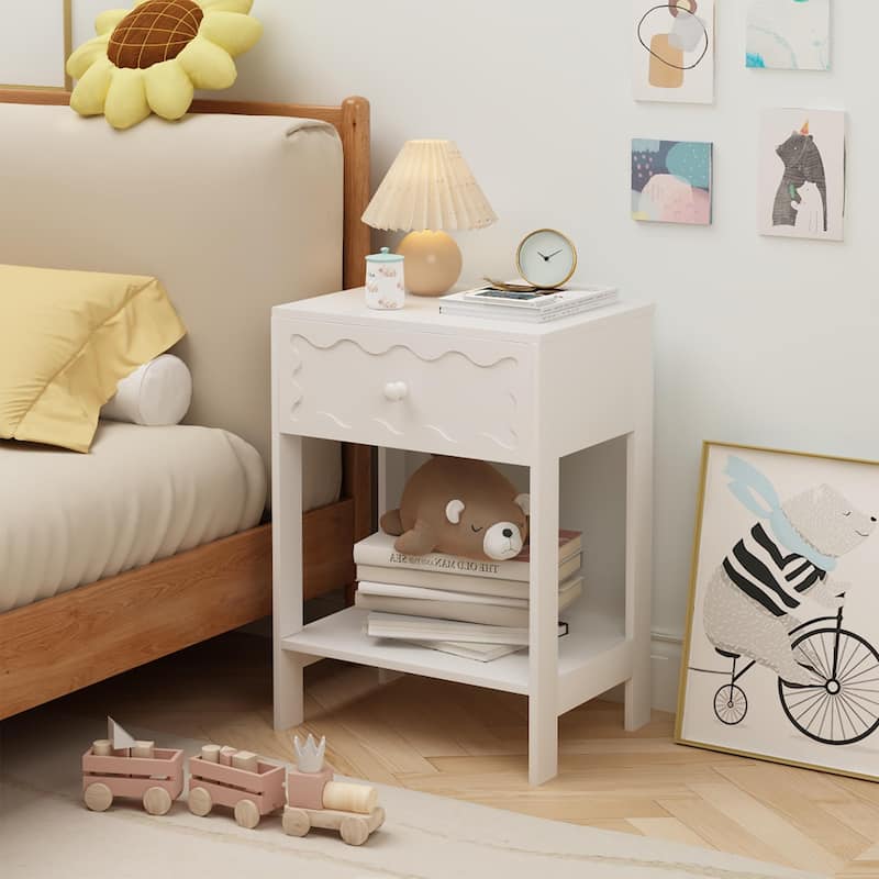 Anmytek White Modern Nightstand with Drawer and Open Shelf Wave Pattern Solid Wood Bedside Table