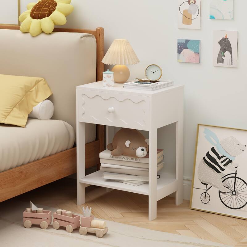 Nightstand with Drawer and Open Shelf, Modern Wave Pattern Bedside Table, Solid Wood Frame End Table for Bedroom, Living Room