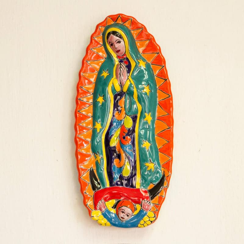 Handmade Talavera Guadalupe In Orange Ceramic Wall Sculpture (Mexico)