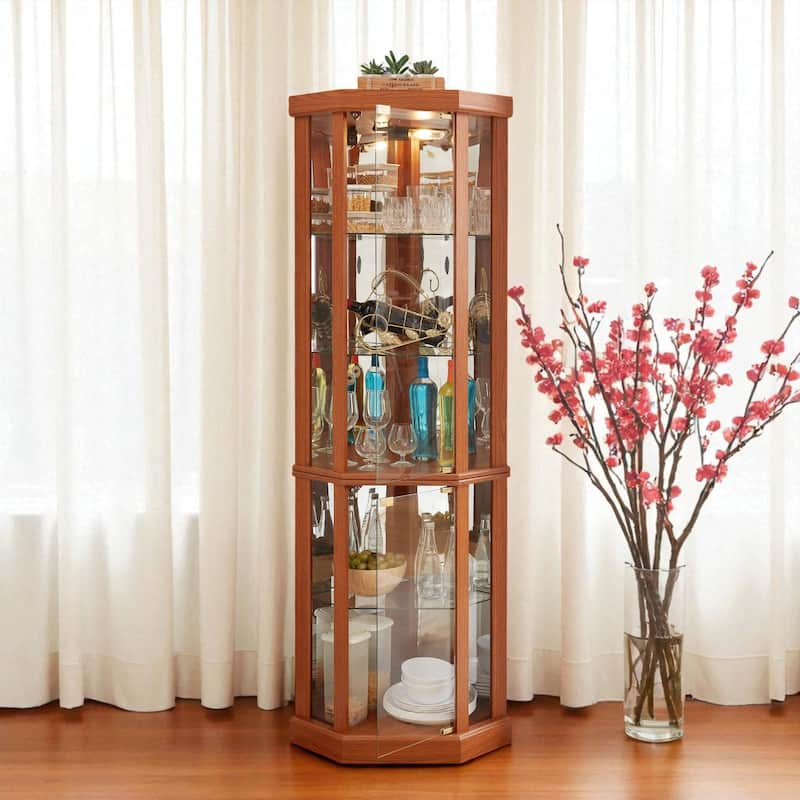 Corner Lighted Glass Curio Cabinet with Doors, Shelves and Mirrored Back for Display and Storage