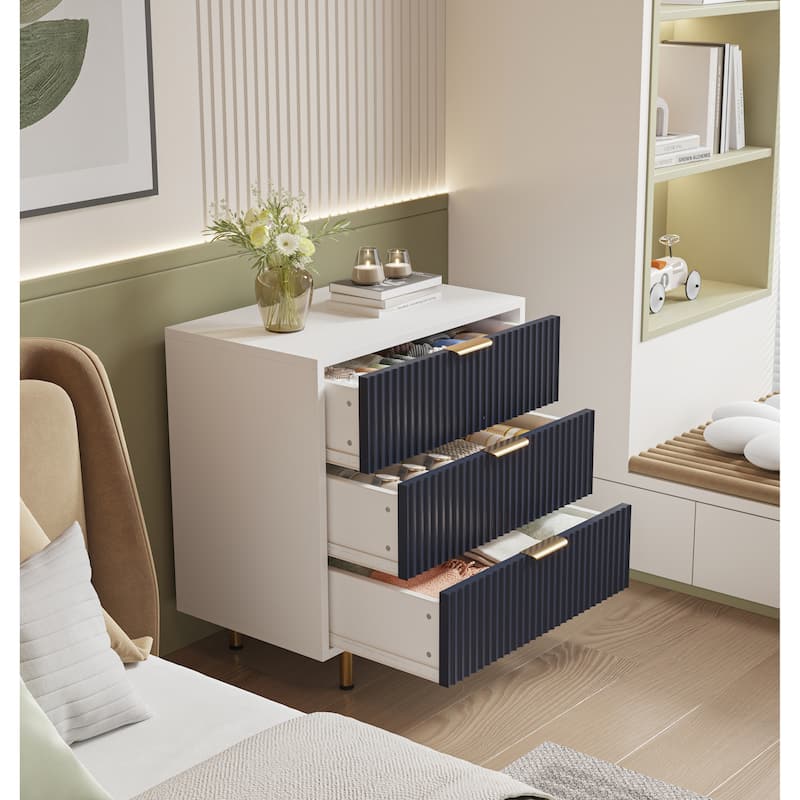 3 Drawer Dresser, Fluted Modern Nightstand with Deep Drawers, Chest of Drawers with Wide Top, Wooden Dresser Organizer