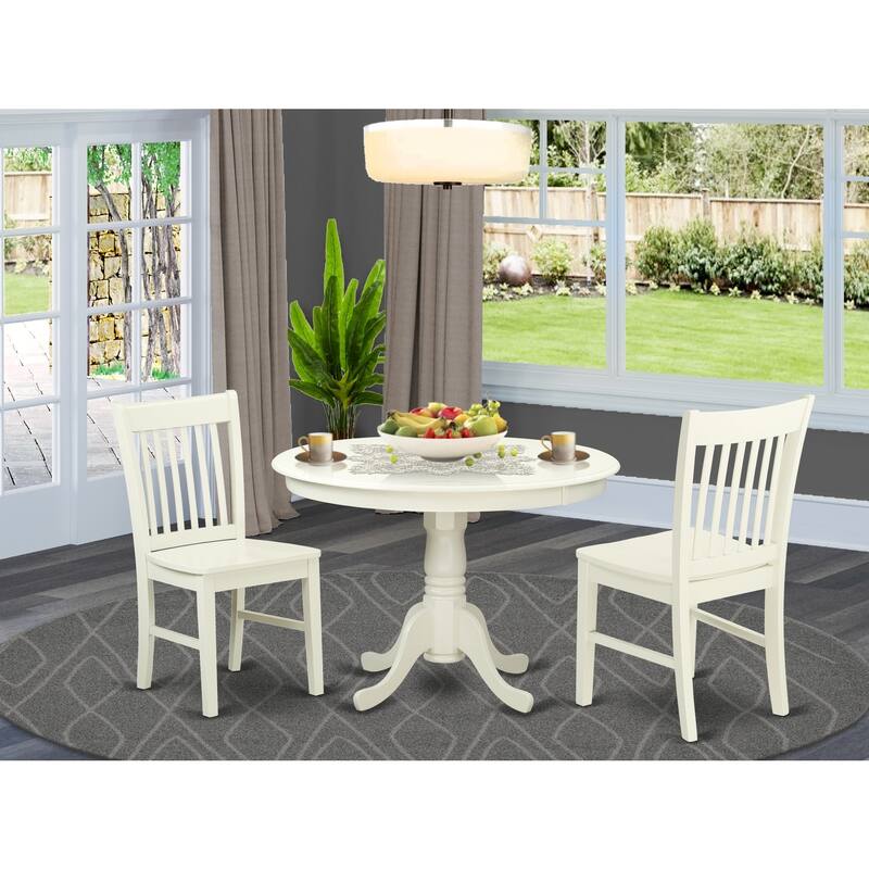 Small Space Dinette Set - 3 Piece Round Table & Chairs - Linen White - Antique Accents