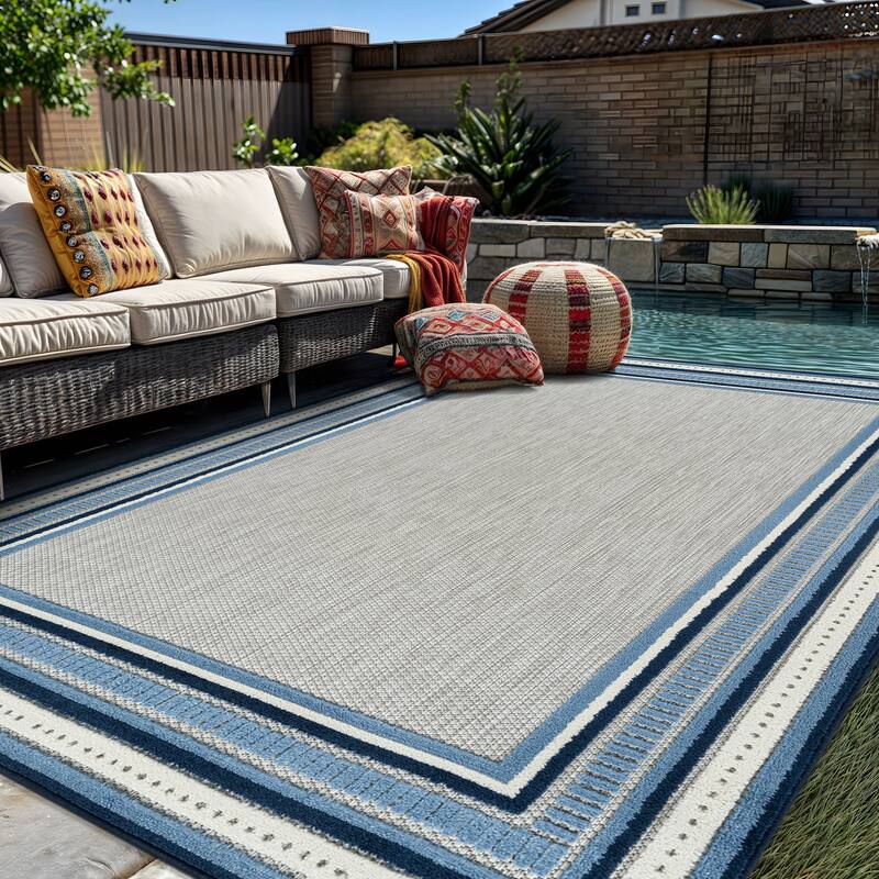 World Rug Gallery Indoor/Outdoor High-Low Textured Area Rug, Coastal Border Easy-Clean Patio Rug - 5' x 7' - Navy