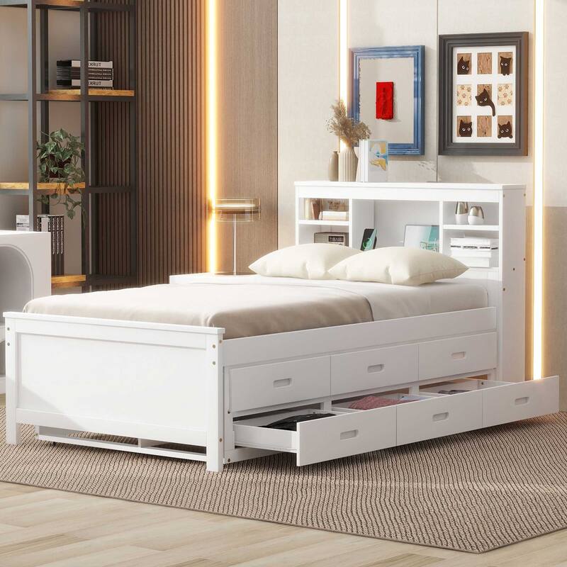 Twin Size Storage Platform Bed with USB, Trundle, and Drawers in White