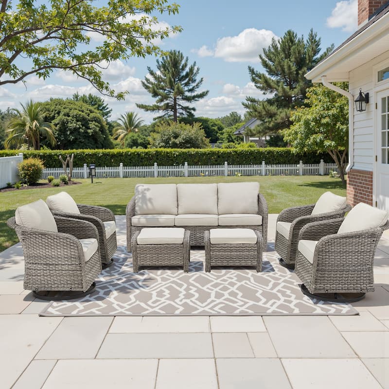 Pocassy Outdoor Patio Furniture Wicker Sofa Chair Set - Light Grey Wicker Beige Cushion - 7 Pieces Sofa Swivel Chair with Ottoman