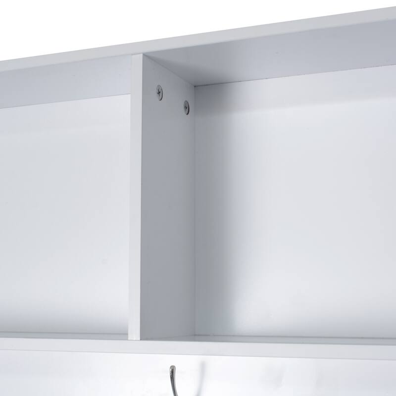Breathable Hall Tree Cabinet Coat Rack with Adjustable Shelves & Bench Seat, Shoe Storage Cabinet with Wire Mesh Door