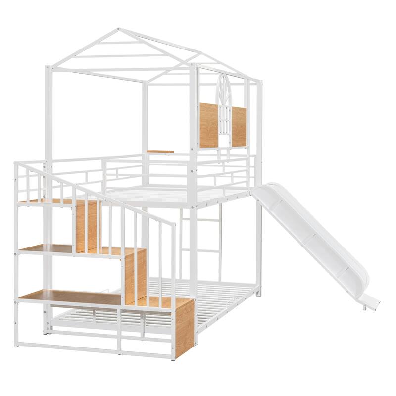 White Twin Metal Bunk Bed with Slide & Storage Stair