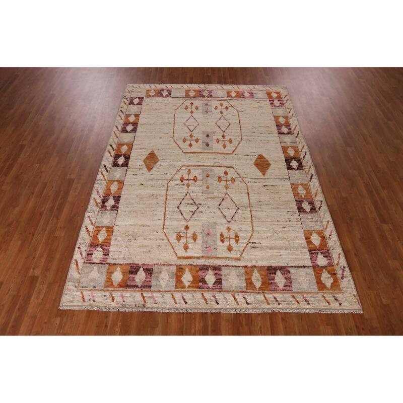 Geometric Beige Moroccan Oriental Area Rug Handmade Tribal Wool Carpet - 6'11" x 9'9"