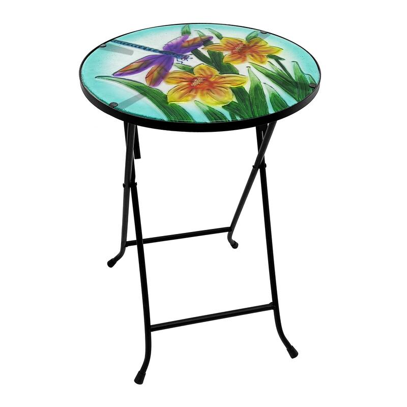 14" Folding Glass Round Table with Flowers & Dragonfly