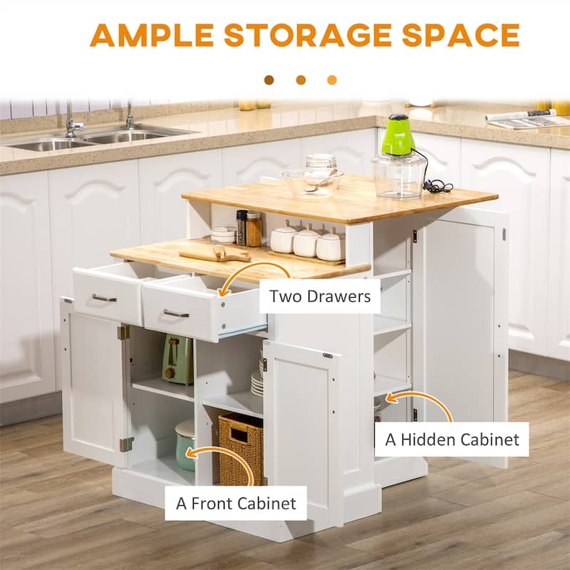 Kitchen Island w/Storage Cabinet and Rubber Wood Tabletop,Island Table