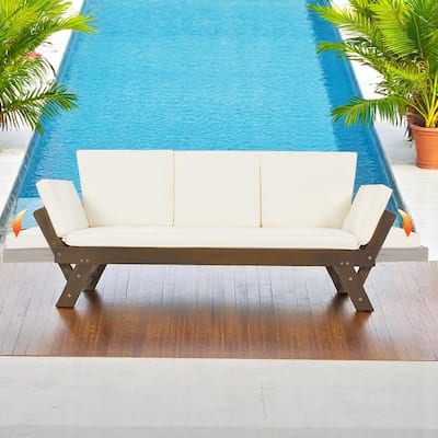Outdoor Expandable Acacia Wood Daybed with Adjustable Sides,Cushions and Pillows, 3-Position Patio Sofa Lounge - Solid Wood