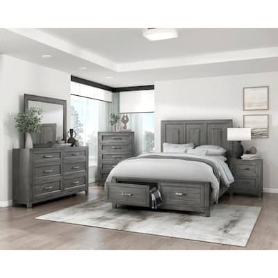 Gray Finish Storage Bedroom Sets Platform Bed Nightstand Dresser Mirror Chest Transitional Furniture