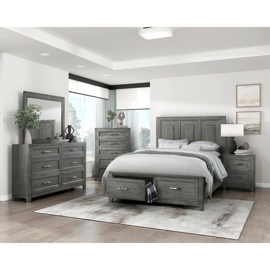 Gray Finish Storage Bedroom Sets Platform Bed Nightstand Dresser Mirror Chest Transitional Furniture