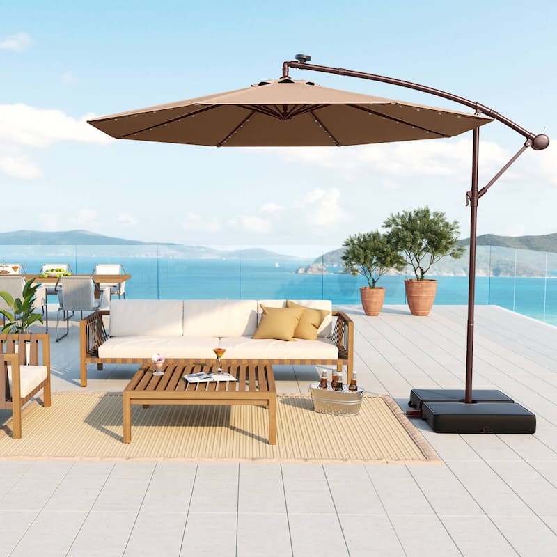 Costway Patio 10FT Hanging Offset Umbrella 32 LED Lights Sand Bag