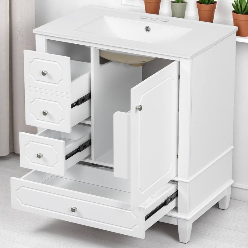 30" Freestanding Bathroom Vanity with Ceramic Sink, Solid Wood Frame, 3 Drawers & Storage Shelf, Painted MDF Cabinet