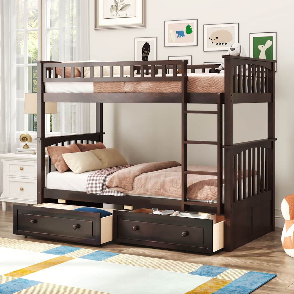 Twin Over Twin Convertible Bunk Bed with Storage Sturdy Design
