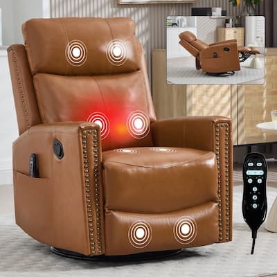 Leather Heat Massage Manual Recliner Chair with Rocker and Swivel for Living Room
