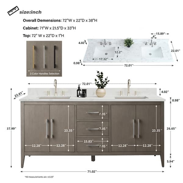dimension image slide 6 of 10, Vanity Art 72" Double Sink Bathroom Vanity Cabinet with Engineered Marble Top