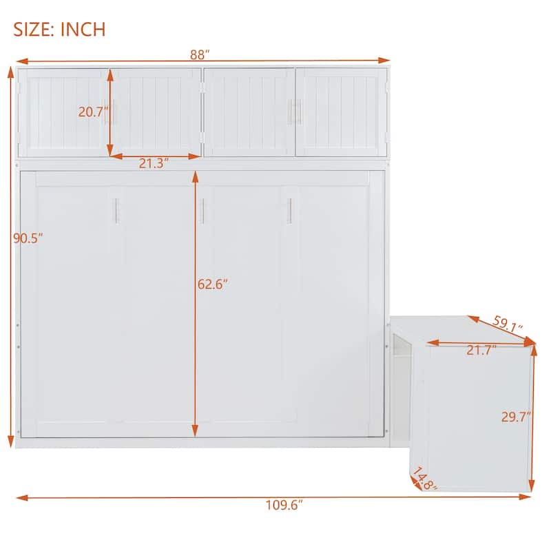 Queen Size Murphy Bed with Storage Shelves and 2 Storage Cabinets, Wooden Foldable Wall Bed Frame with Desk & Hydraulic Lift