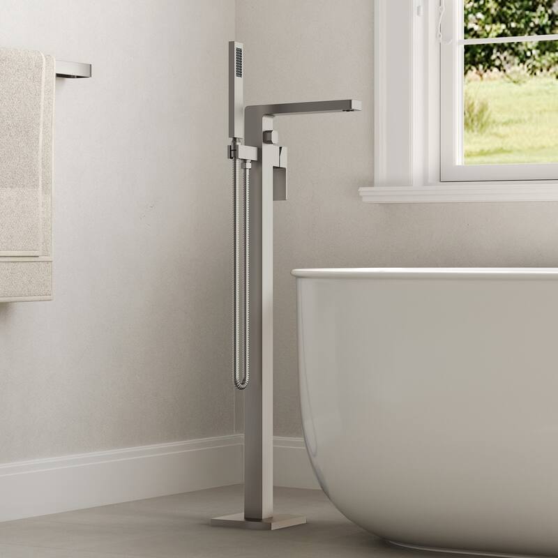 Floor Mount Freestanding Tub Filler with Handshower,Single Handle Bathtub Faucet - White