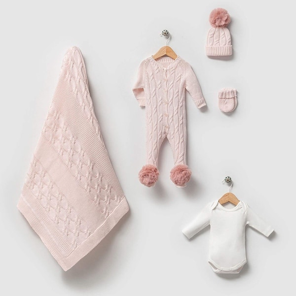 slide 2 of 8, Newborn Baby Girl Knit Ensemble with Pom-Pom Details Pink