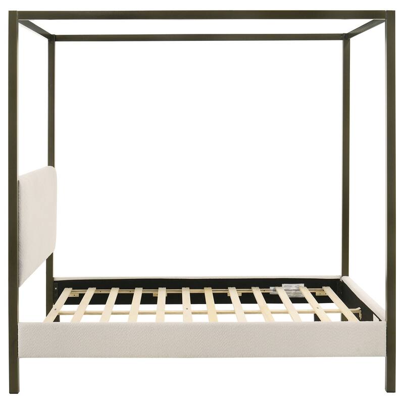 Upholstered Queen Canopy Bed, Vanilla Finish, Soft Fabric Headboard and Rails, Modern Four-Post Platform Bed