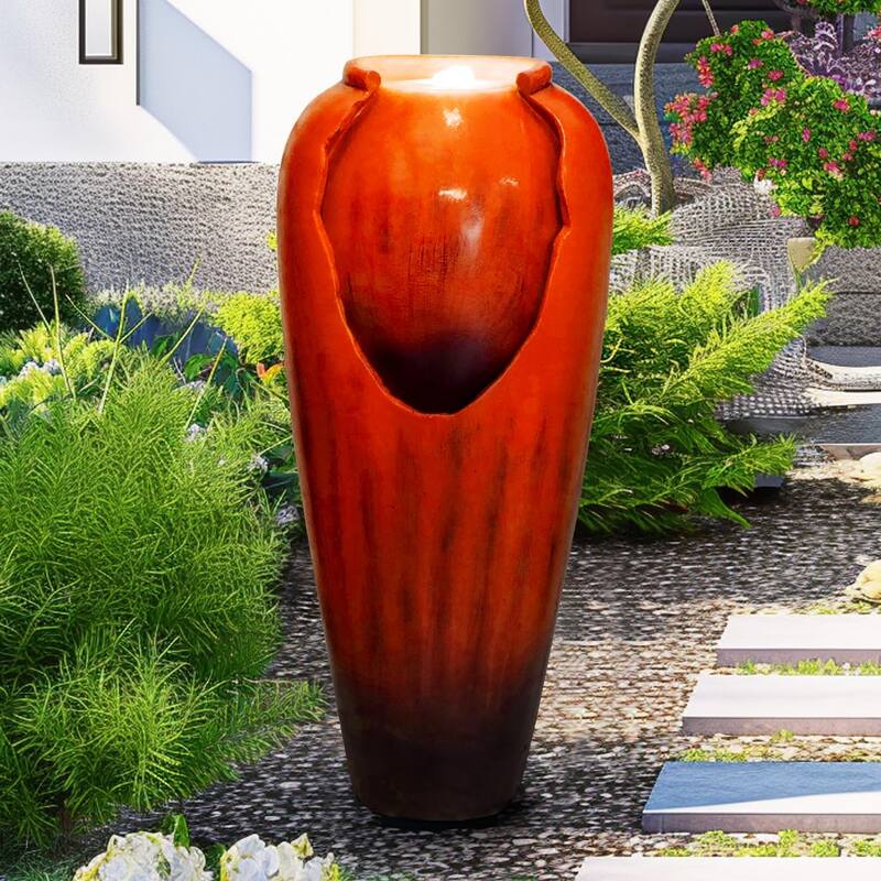 30.7" High Concrete Jar Water Fountain Outdoor, Garden Vase Water Feature - 30.7"H