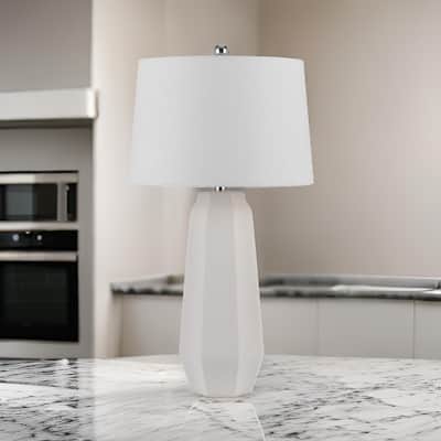 Niu 30 Inch Table Lamp Set of 2, Drum Shade, Sandy White Ceramic Prism Base