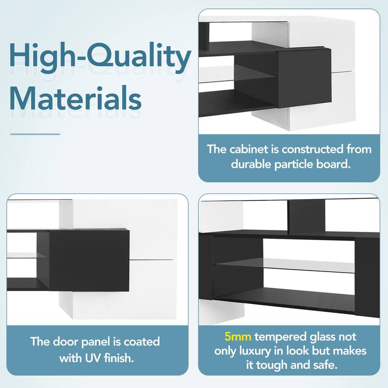 ON-TREND Unique Shape TV Stand with 2 Illuminated Glass Shelves, High Gloss Entertainment Center for TVs Up to 88", Versatile TV