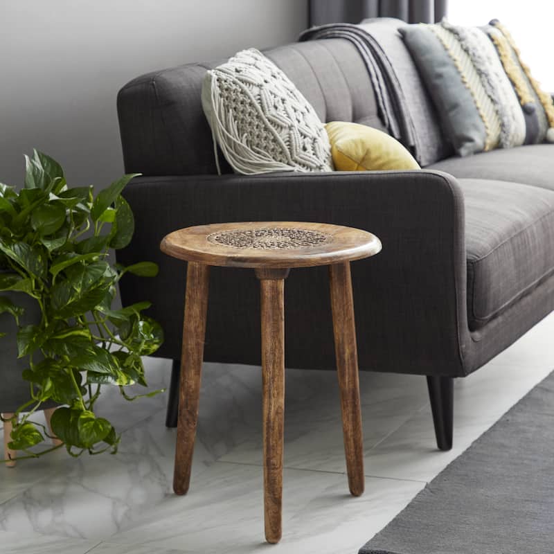 Mango Wood Floral Handmade Intricately Carved Accent Table with Tripod Legs - Brown or Dark Brown - Roche River Decor