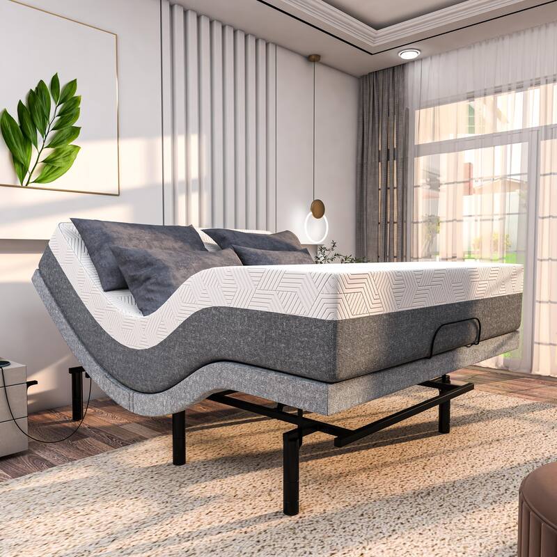 Renanim Adjustable Full Bed Frame with Hybrid Mattress, Dual Massage, USB Ports, App, Remote - Full - Plush