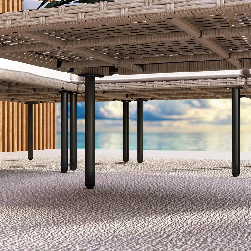 5PCS PE Rattan Patio Set, Sofa Chaise Coffee Table, White Weatherproof