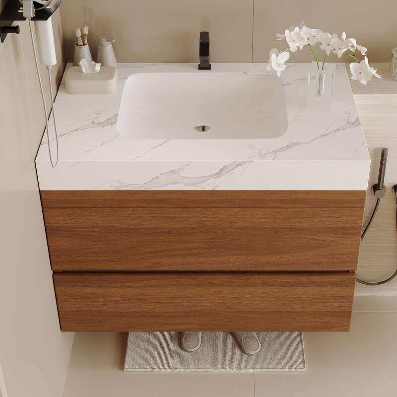 29.9" Modern Floating Bathroom Vanity - Faux Marble Top with Ceramic Undermount Sink, Wall-Mounted for Small Bathrooms