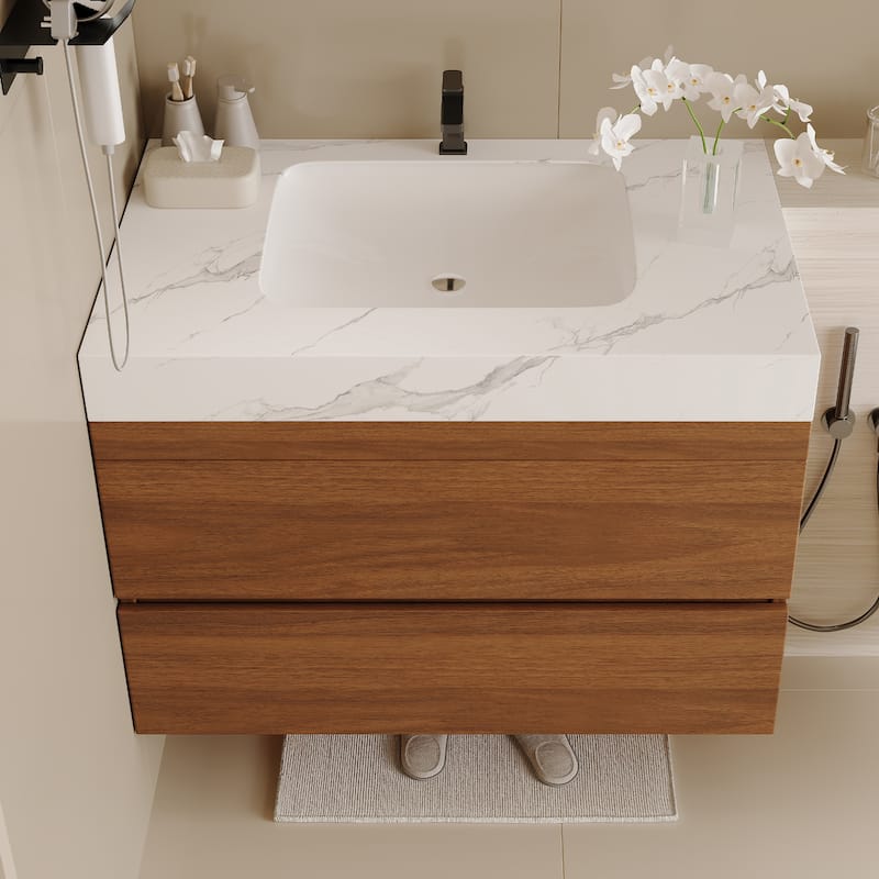 GDFStudio - Modern 31.5" Wall-Mounted Bathroom Vanity with Sintered Stone Top, Ceramic Undermount Sink & Soft-Close Drawers