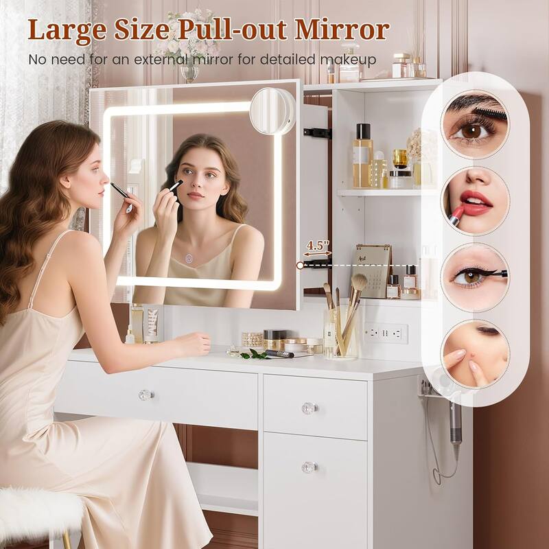 Vanity Desk with Mirror and Lights Power Outlet Drawers 3 Light Modes