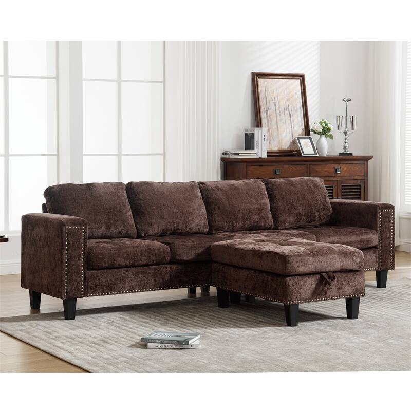 5 Seat L-Shaped Convertible Sectional Sofa Chaise with Storage Ottoman - Brown