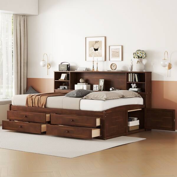 slide 2 of 9, Full Size Wooden Captain Bed with Shelves, Drawers and Cabinets, Antique Brown Antique Brown