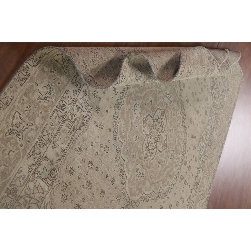 Hand Knotted Oriental 100% Wool Carpet Traditional Medallion Beige & Ivories Tabriz Area Rug - 9' 9'' X 6' 5''