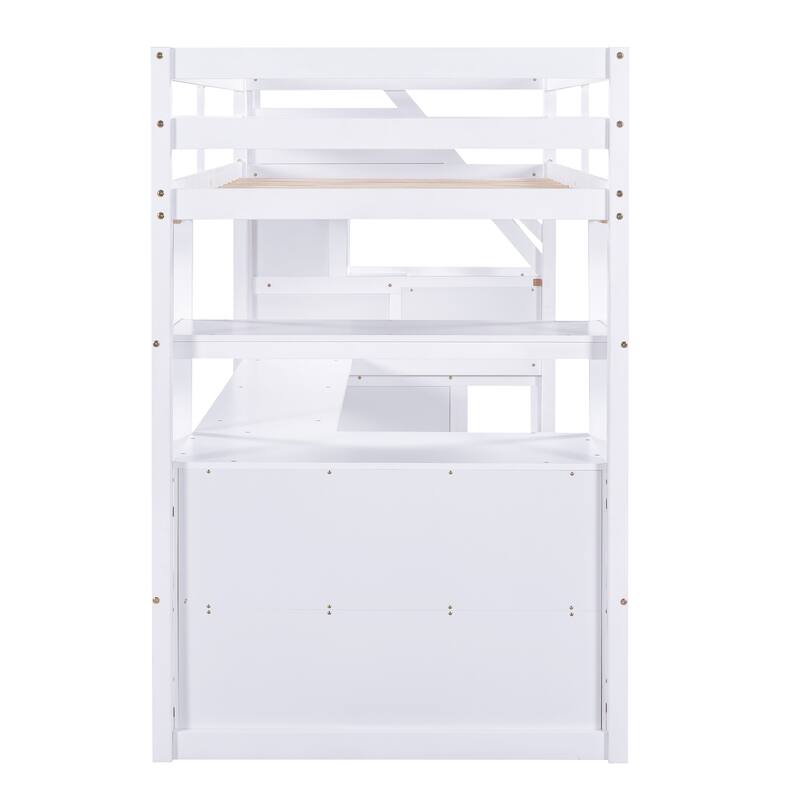 Twin Loft Bed with Desk, Shelves, Storage Staircase, and Two Drawers in White