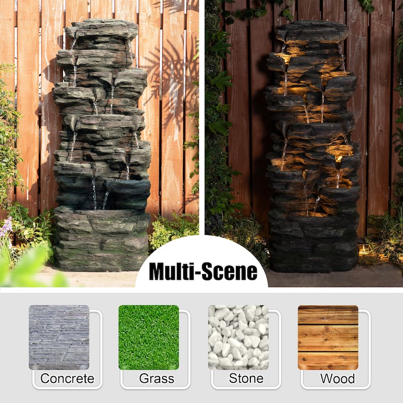 Glitzhome 39.25"H 9-Tiered Cascading Rock Polyresin Outdoor Fountain with Pump and LED Light