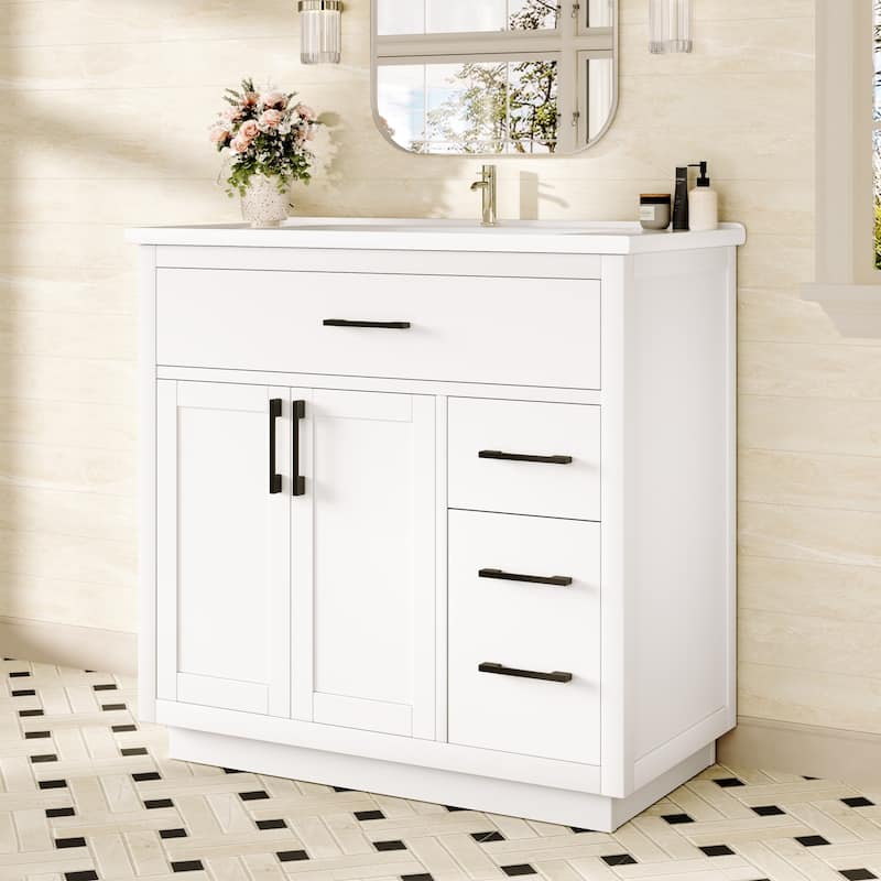 36" Free-Standing Bathroom Vanity with Marble Countertop-Soft-Close Drawers & Cabinet