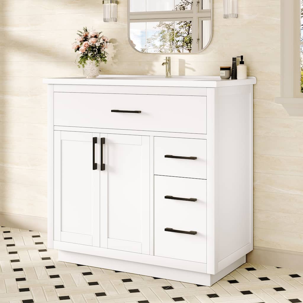 36" Free-Standing Bathroom Vanity with Marble Countertop-Soft-Close Drawers & Cabinet