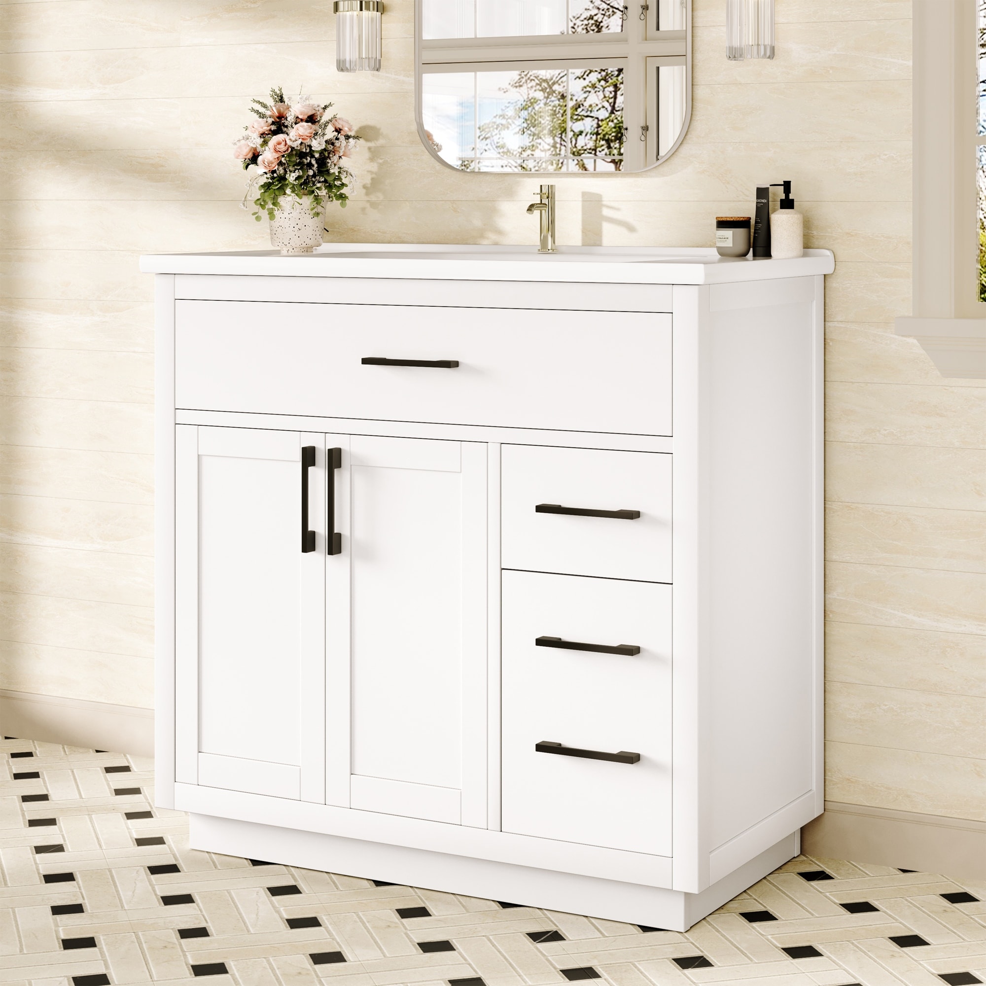 36" Free-Standing Bathroom Vanity with Marble Countertop-Soft-Close Drawers & Cabinet