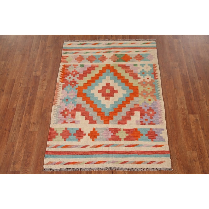 Reversible Kilim Rug Hand-Woven Multi-Wool Carpet - 3'5"x 4'10"
