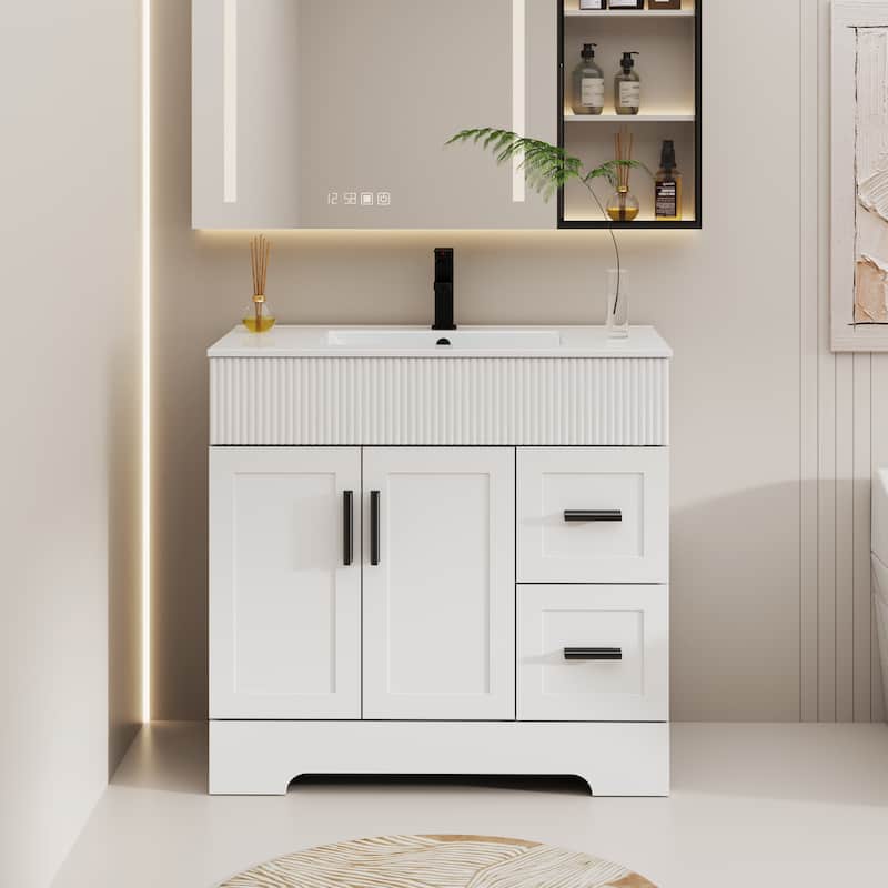Modern 24/30/36/48" Wave-Line Bathroom Vanity Set with Sink & Faucet - 36"-White - 36"