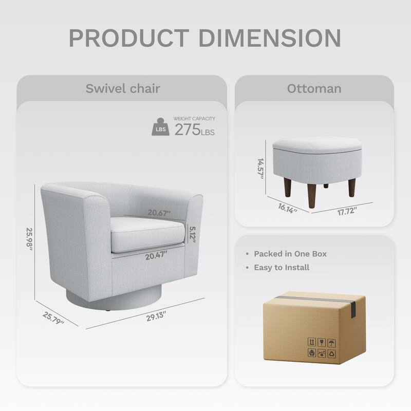 Swivel Barrel Chair & Ottoman with Storage - Upholstered Accent Chair for Living Room Bedroom Office