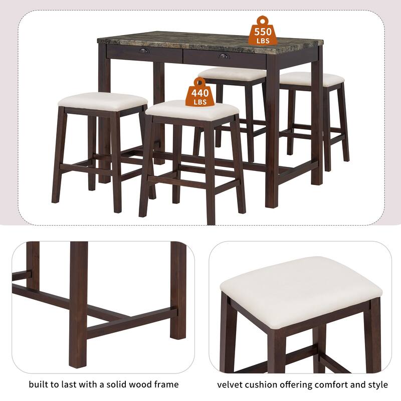 5-Piece Dining Set for 4, Counter Height Modern Kitchen Table with Storage Drawers & 4 Upholstered Chairs for Dining Room