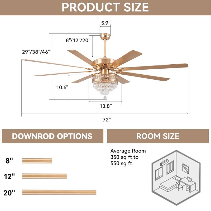 52 or 62 Inches Crystal Ceiling Fan Fandelier with Lights,For Bedroom Kitchen Patio Remote Control
